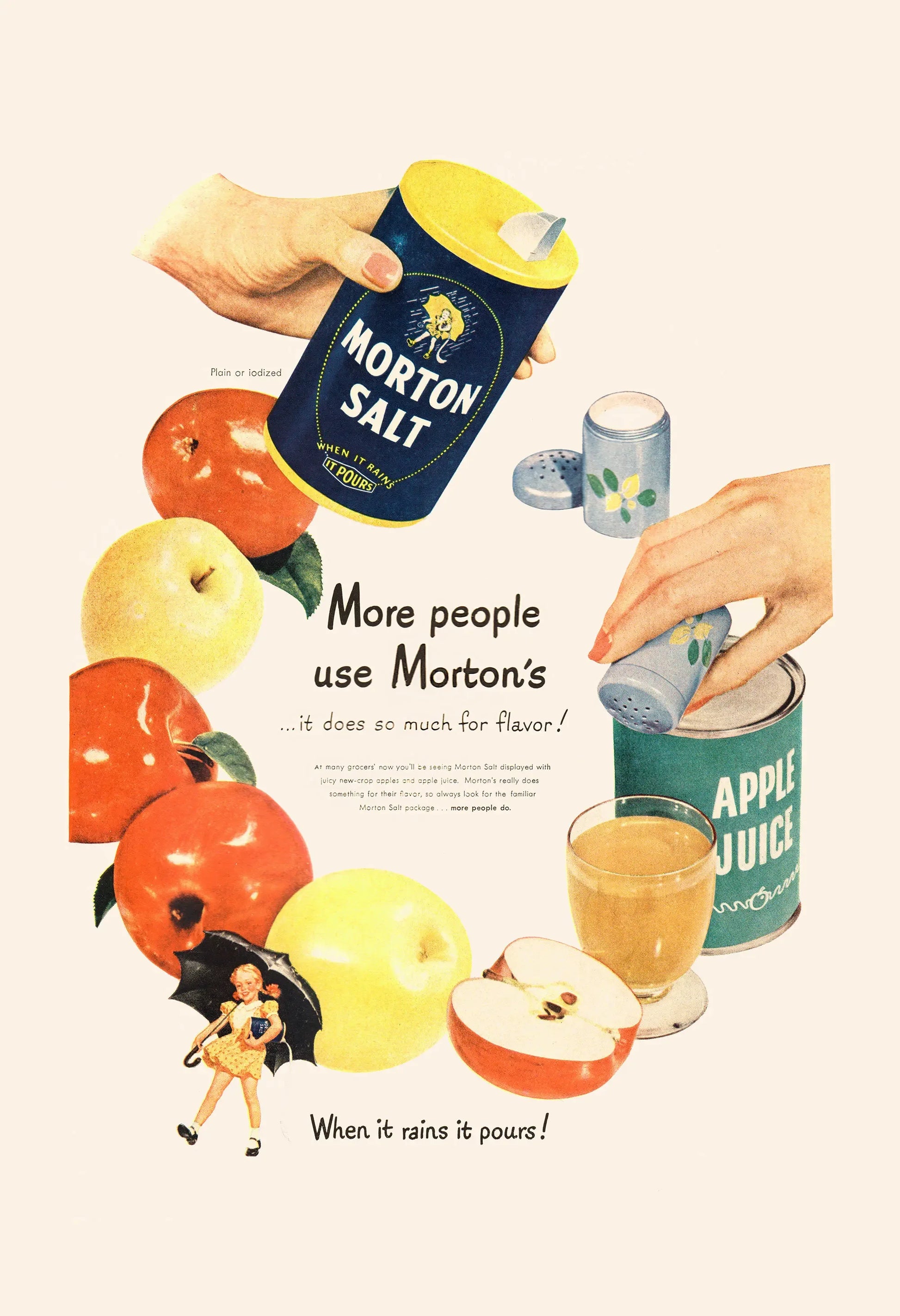 Vintage advertisement for Morton Salt with apples, a doll, and a glass of juice.