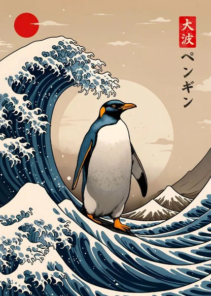 Penguin standing on a wave with Mount Fuji in the background, inspired by 'The Great Wave' by Hokusai.