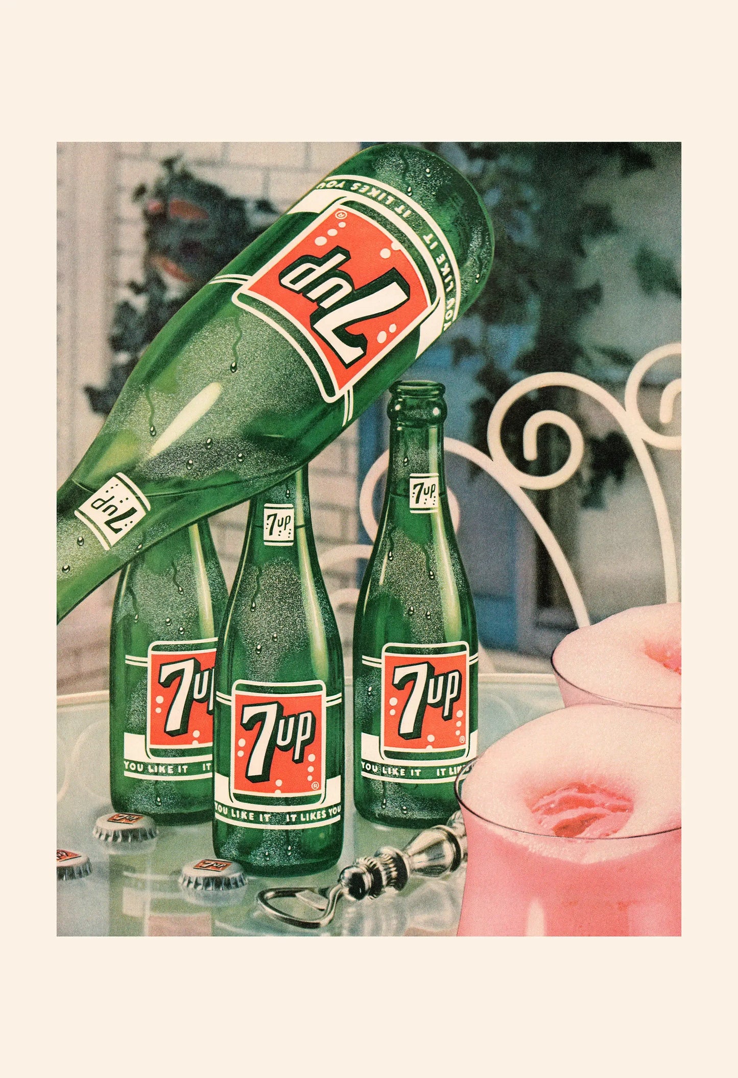 Vintage advertisement for 7-Up bottles with a glass of pink lemonade.