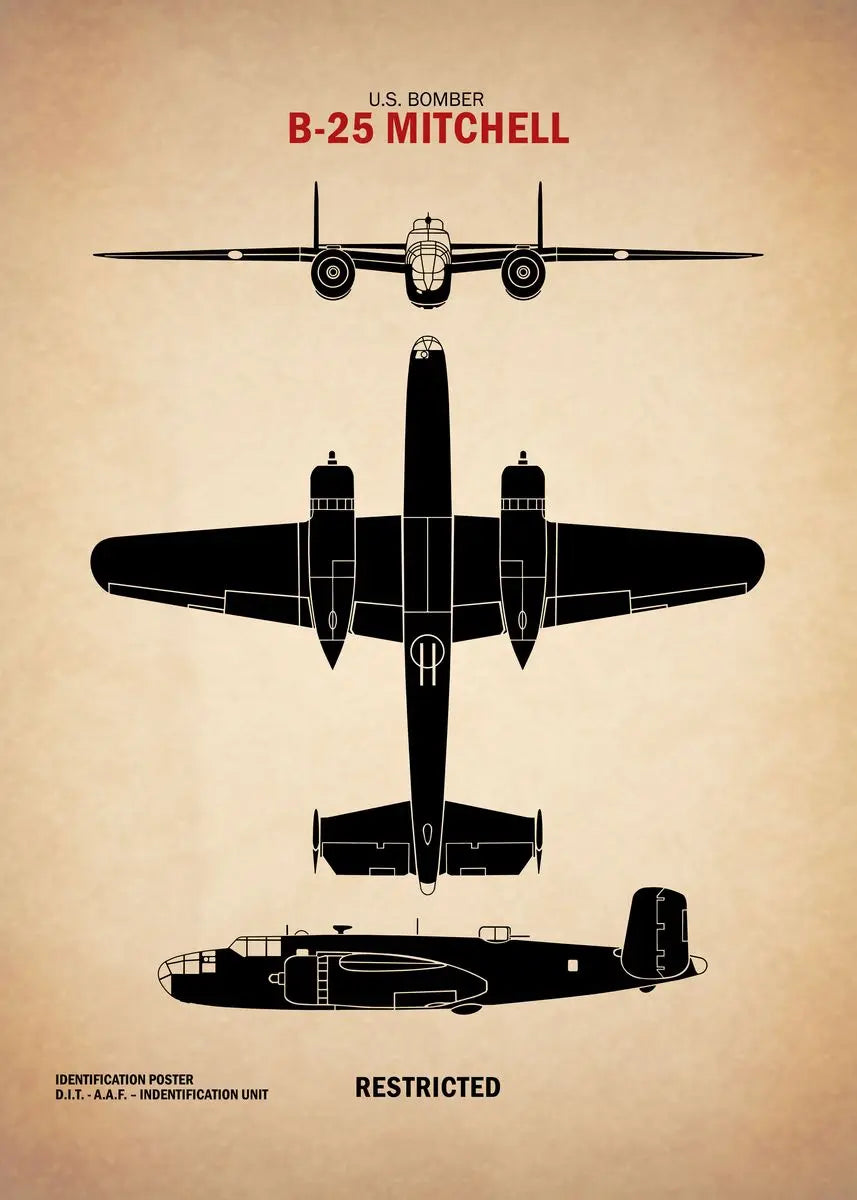 Black silhouette of a U.S. Bomber B-25 Mitchell on a beige background with text.