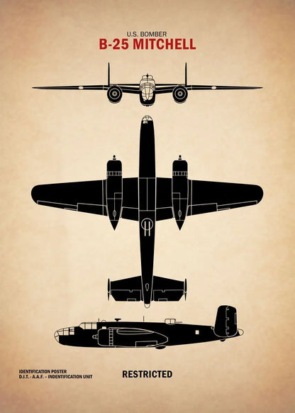 Black silhouette of a U.S. Bomber B-25 Mitchell on a beige background with text.