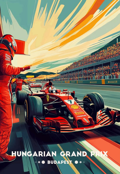 Formula 1 car on a racetrack with a driver in a red suit, Hungarian Grand Prix text at the bottom.