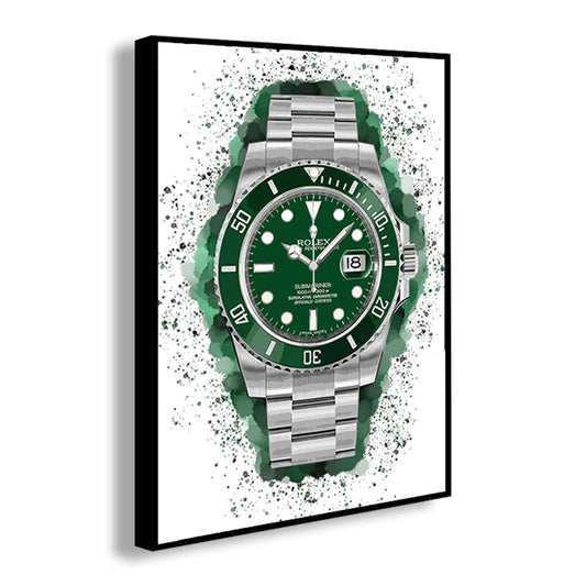 Framed artwork of a green and silver watch with a white background Canvas & Curio