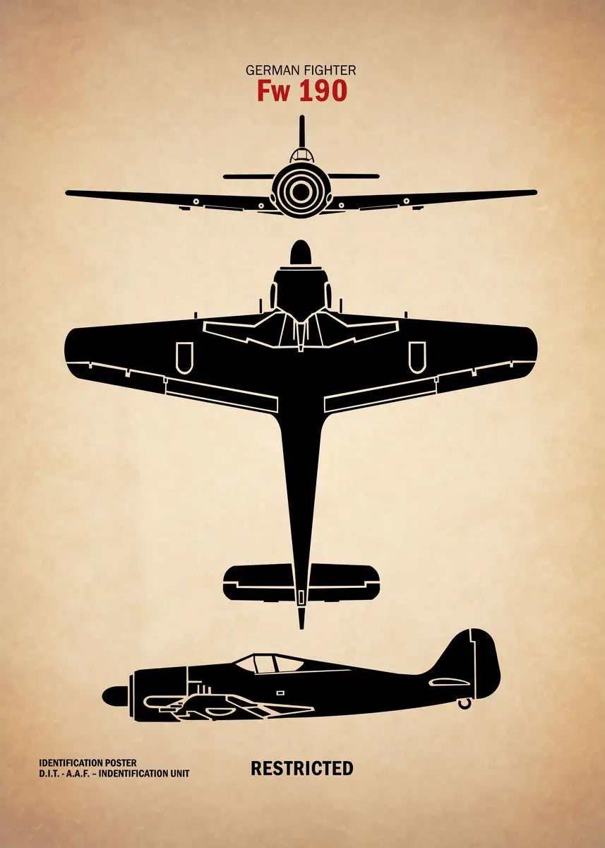 Black silhouette of a German fighter plane Fw 190 on a beige background