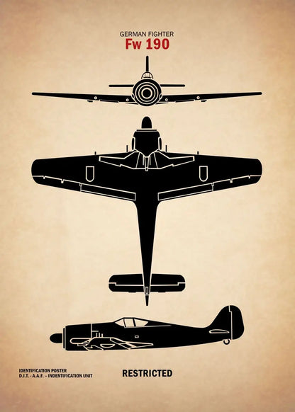 Black silhouette of a German fighter plane Fw 190 on a beige background