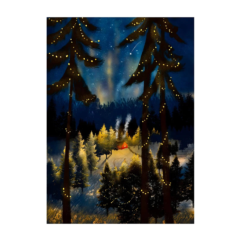 Forest scene with glowing lights on trees under a starry sky