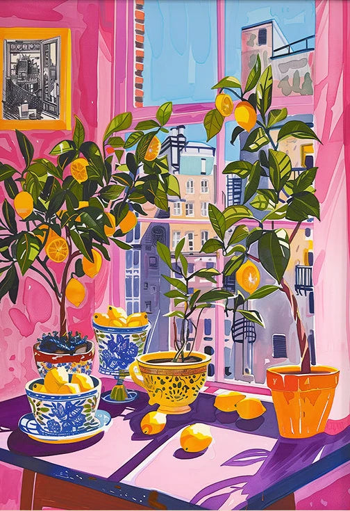 Colorful painting of a room with lemon trees, pots, and a cityscape view through a window.