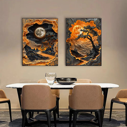 Dining room with two decorative wall art pieces on a beige wall above a table and chairs. Canvas & Curio