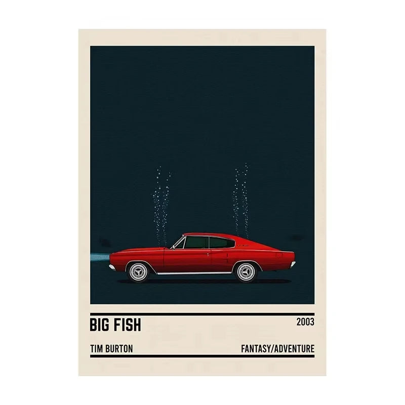 Poster of a red car with water splashes on a dark background, featuring text about 'Big Fish' by Tim Burton.