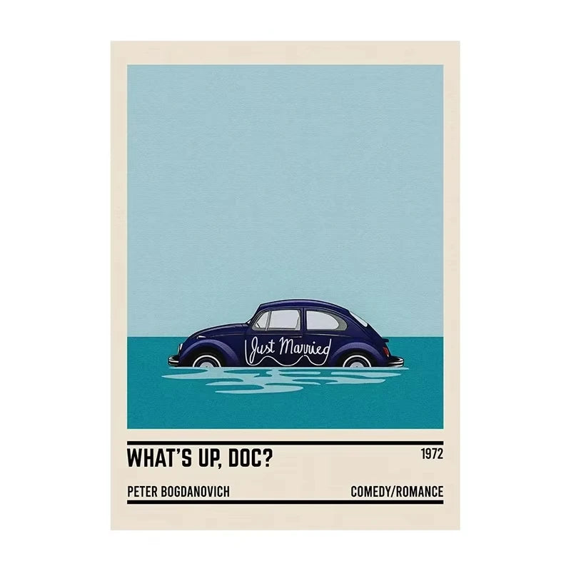 Movie poster for 'What's Up, Doc?' with a blue car on water and text.