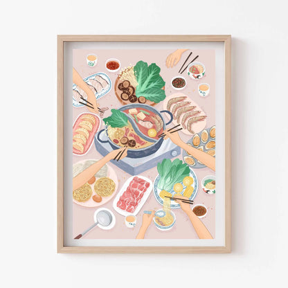 Framed artwork of a hot pot meal with hands and ingredients on a light background