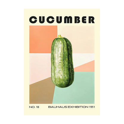 Poster of a cucumber with geometric shapes and text on a beige background