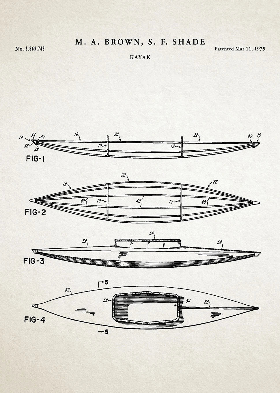 Black and white patent illustration of a kayak design by M.A. Brown and S.F. Shade, dated March 11, 1975.