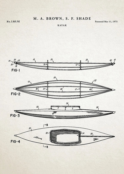 Black and white patent illustration of a kayak design by M.A. Brown and S.F. Shade, dated March 11, 1975.
