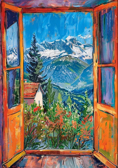Painting of an open window with a view of mountains and trees