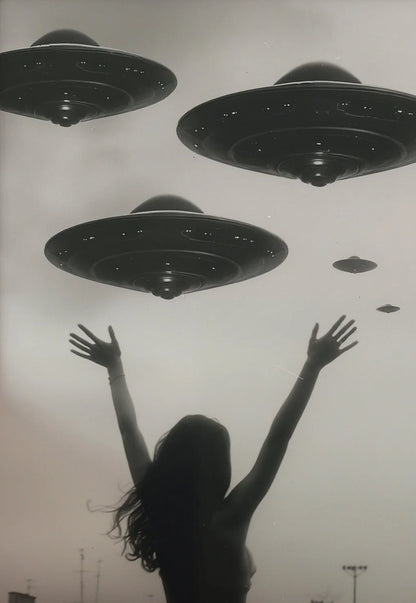 Black and white image of a woman with outstretched arms against a background of UFOs.
