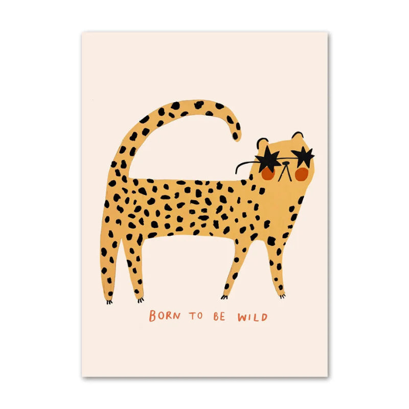 Illustration of a cheetah with sunglasses and 'Born to be Wild' text on a beige background