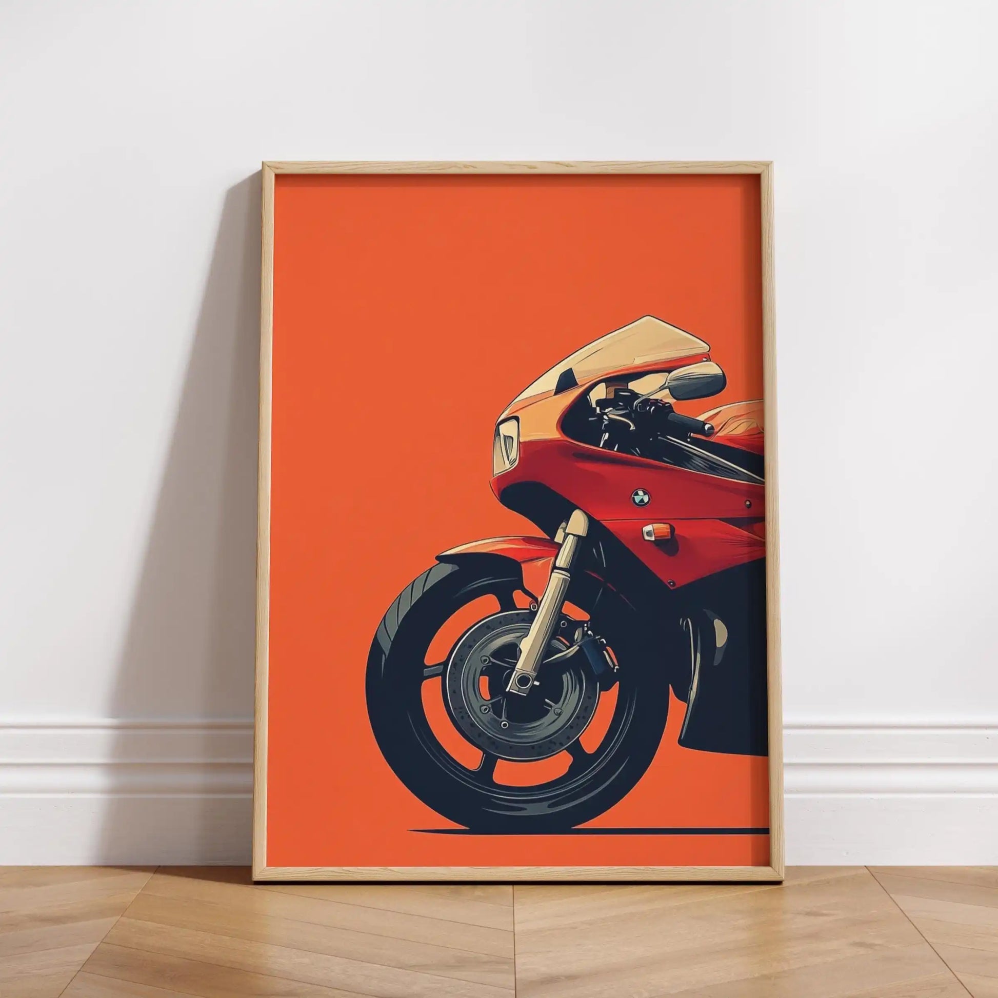 Framed poster of a red motorcycle on an orange background
