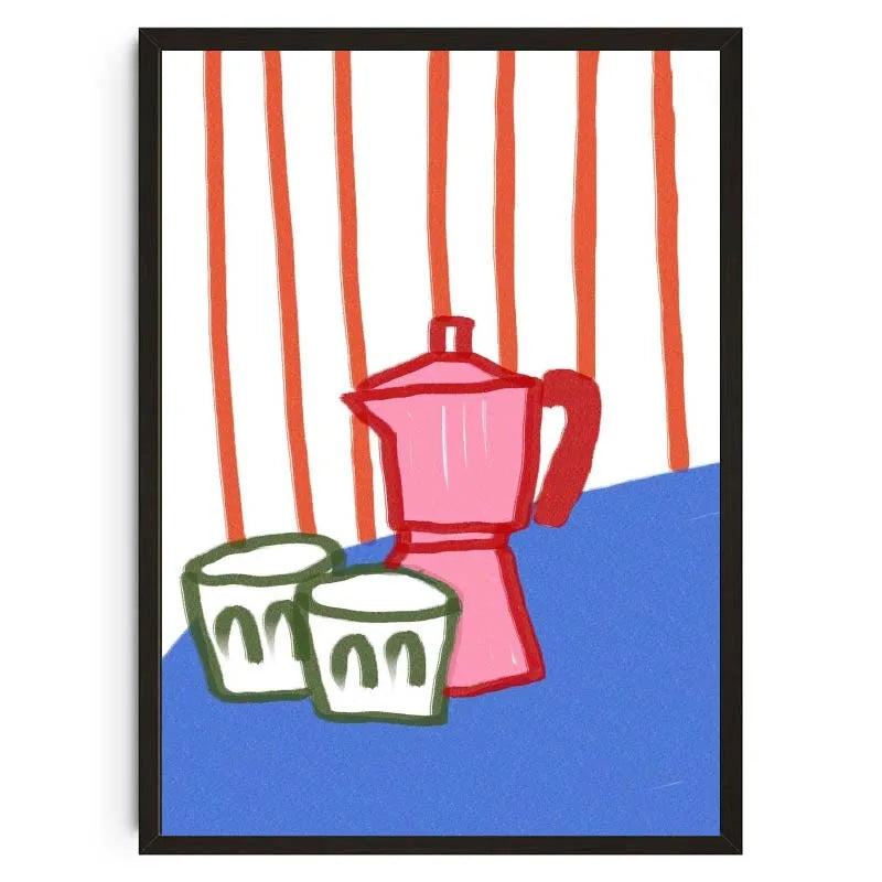 Colorful illustration of a pink coffee maker and two green cups on a blue surface with red vertical stripes in the background.