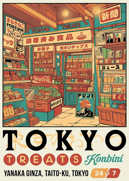 Illustration of a retro-style Japanese convenience store named 'Tokyo Treats Kombini' with various products and signage.