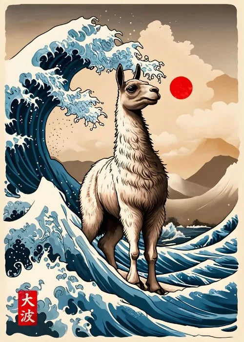 Llama standing on a wave with a red sun and mountain in the background, inspired by famous artwork.