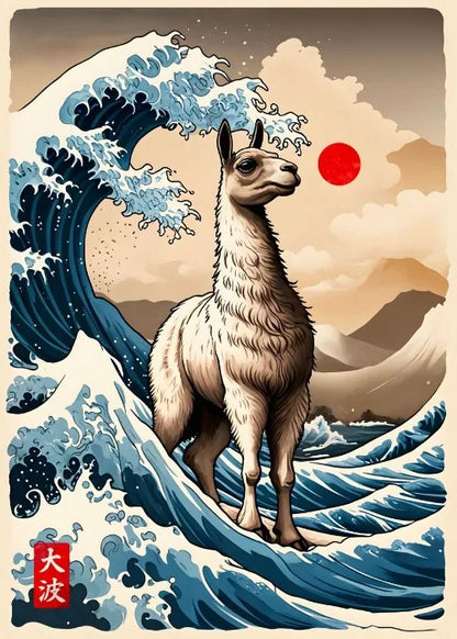 Llama standing on a wave with a red sun and mountain in the background, inspired by famous artwork.