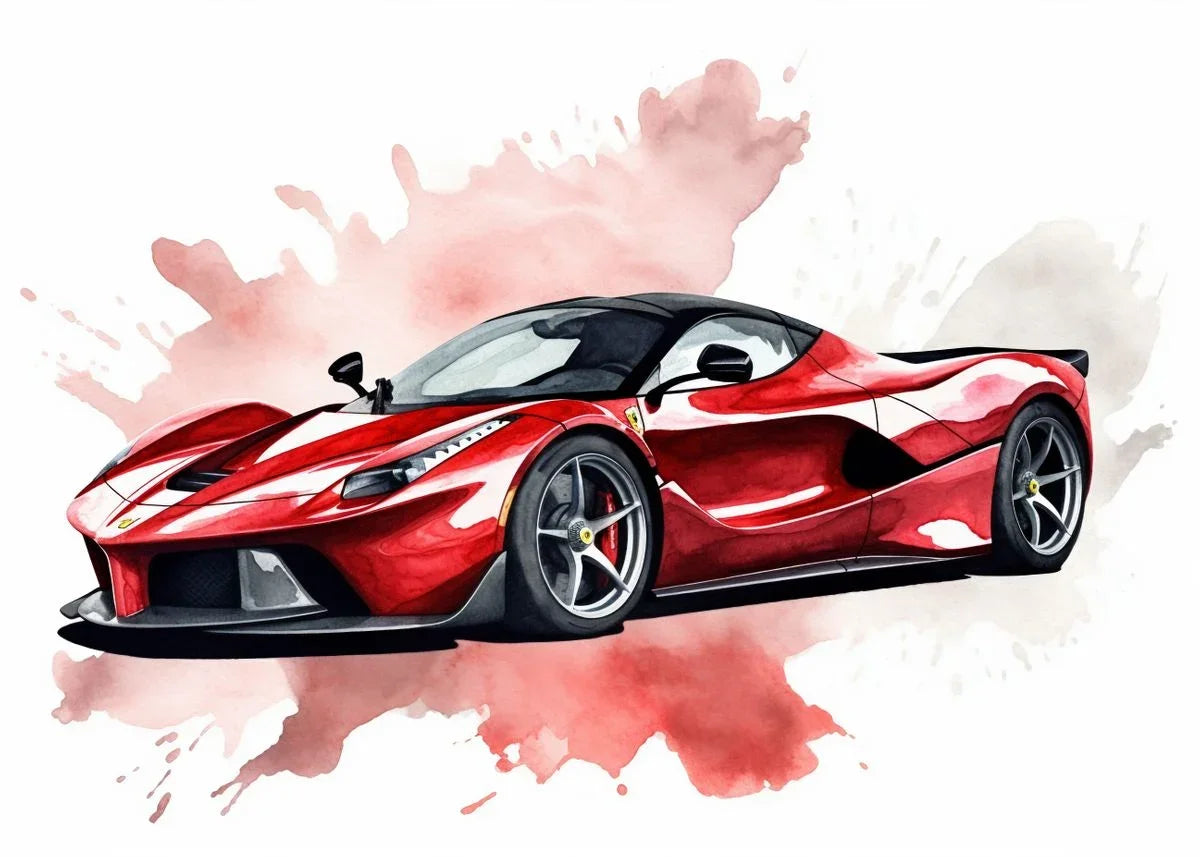 Red sports car on a white background with watercolor splashes