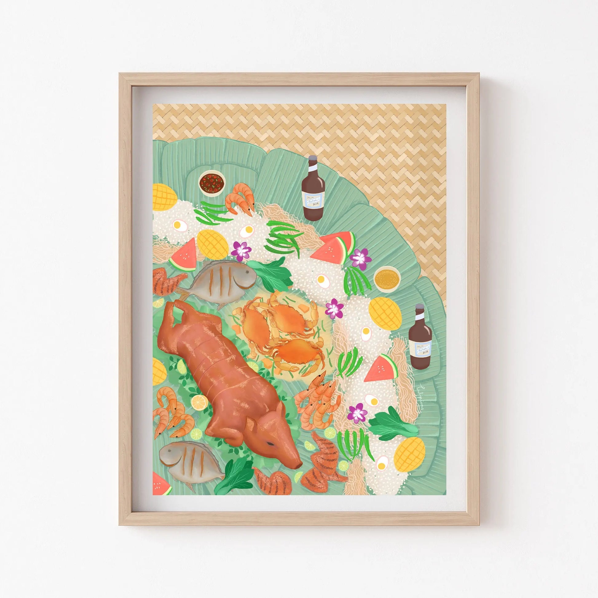 Framed artwork of a colorful illustration on a textured background