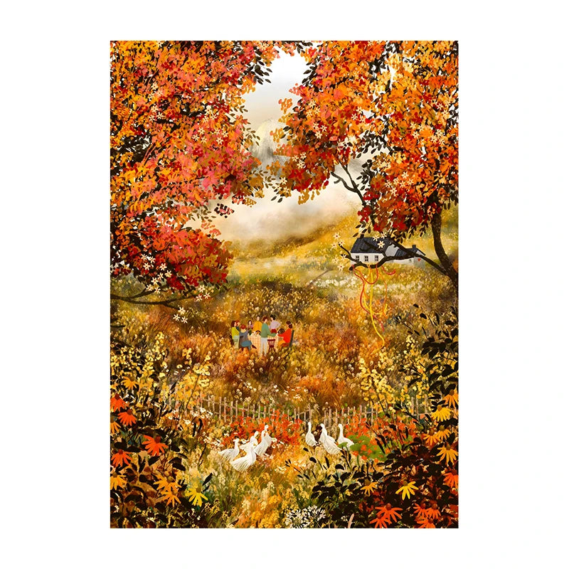 Colorful autumn landscape with trees, animals, and a house.