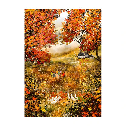 Colorful autumn landscape with trees, animals, and a house.