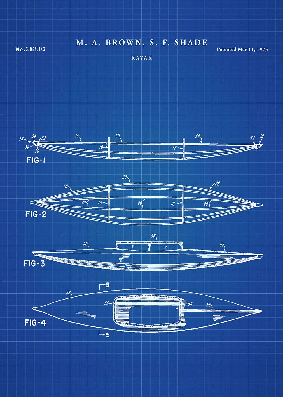 Blueprint of a kayak with labeled figures on a blue grid background