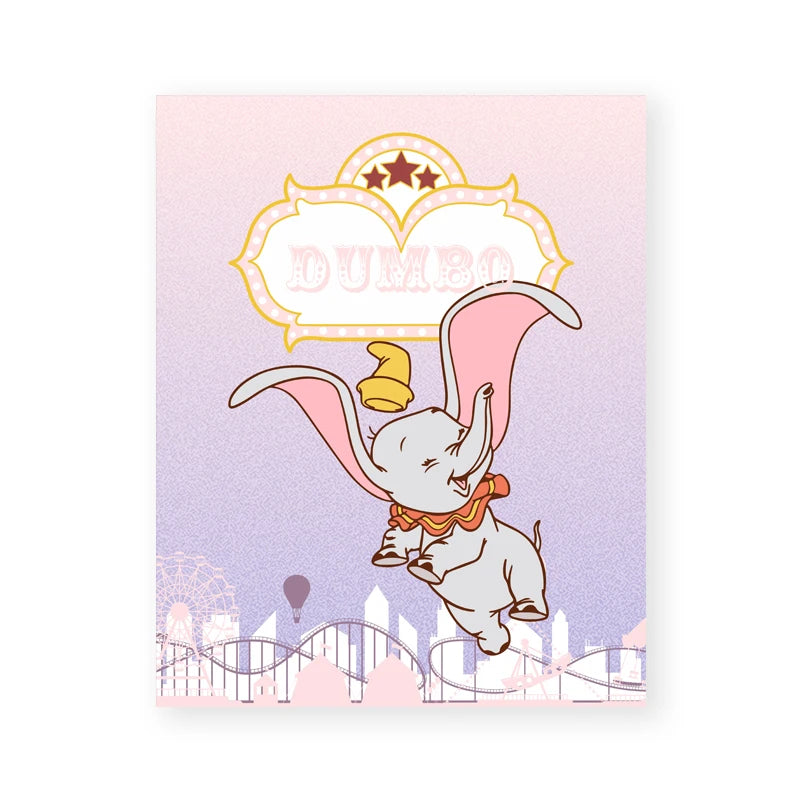 Cartoon elephant character with a pink and purple background