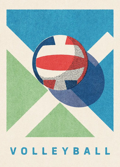 Geometric design with a volleyball illustration on a blue, green, and beige background.