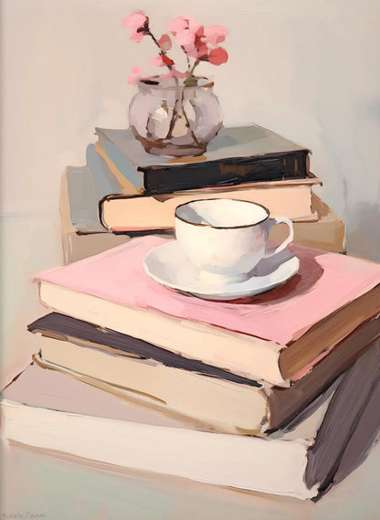 Stack of books with a teacup and saucer on top, against a neutral background