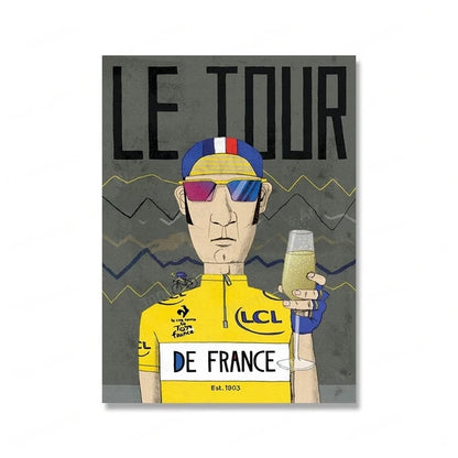 Illustration of a cyclist in a yellow jersey holding a glass of champagne with 'Le Tour de France' text on a gray background.