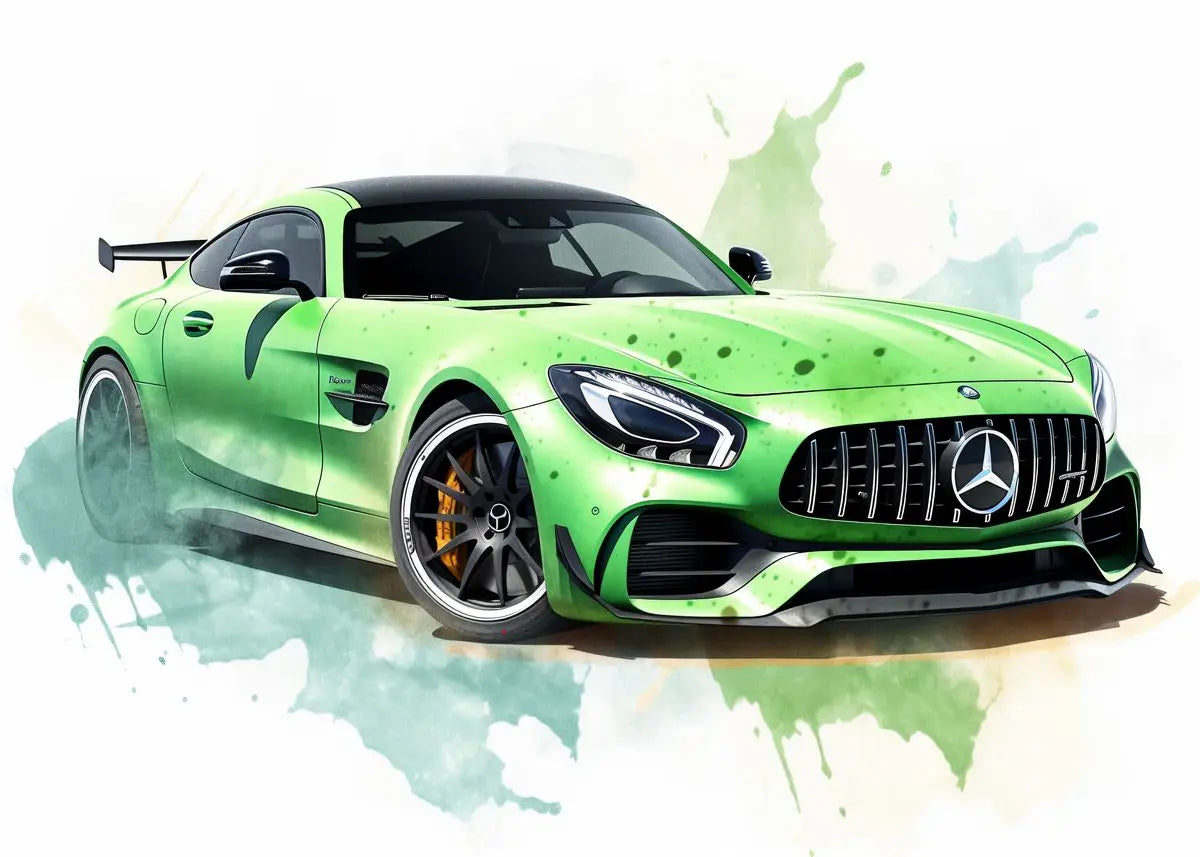 Green sports car with watercolor background