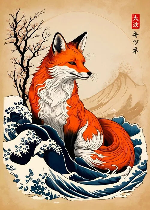 Stylized fox in a wave design with Japanese text on a beige background
