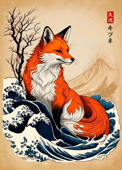Stylized fox in a wave design with Japanese text on a beige background