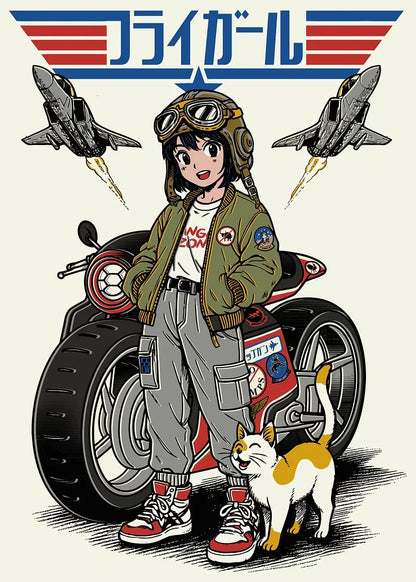 Illustration of a character in a green jacket with a motorcycle and cat, with fighter jets and Japanese text in the background.