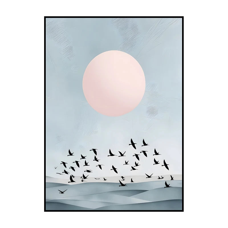 Framed artwork with a pink moon and black birds on a light blue background