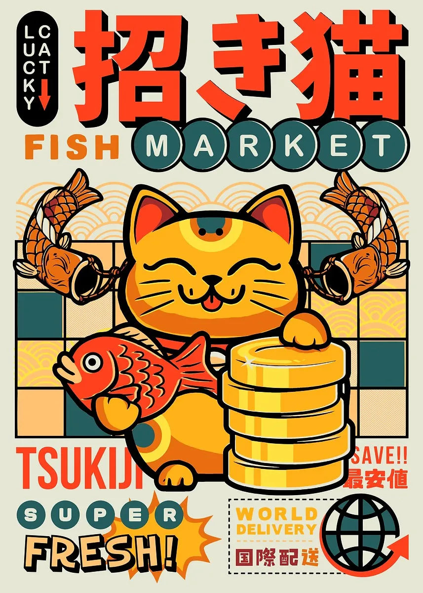 Promotional poster for Tsukiji Fish Market with a cartoon cat character and fish.