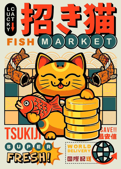 Promotional poster for Tsukiji Fish Market with a cartoon cat character and fish.