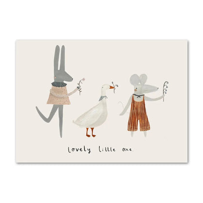 Illustration of two rabbits and a duck with the text 'lovely little one' on a beige background.