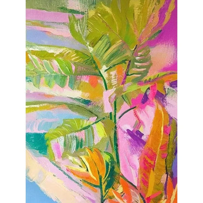 Colorful abstract painting with leaves and flowers