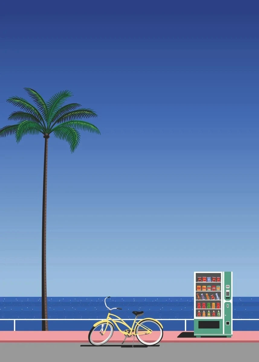 Vending machine and bicycle on a platform with a palm tree and blue sky in the background
