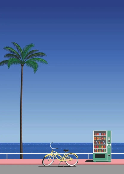Vending machine and bicycle on a platform with a palm tree and blue sky in the background