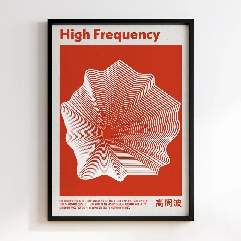 Framed poster with 'High Frequency' text and geometric design on a red background.