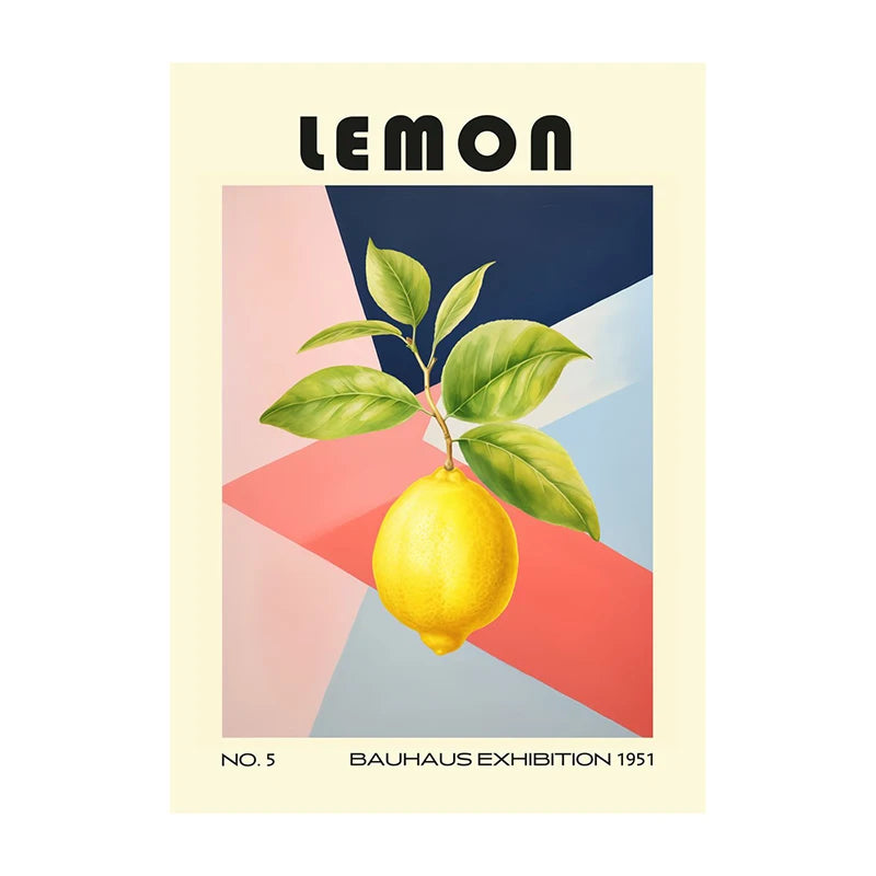 Poster with a lemon illustration and geometric background, featuring the text 'LEMON' and 'Bauhaus Exhibition 1951'.