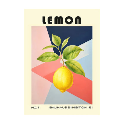 Poster with a lemon illustration and geometric background, featuring the text 'LEMON' and 'Bauhaus Exhibition 1951'.