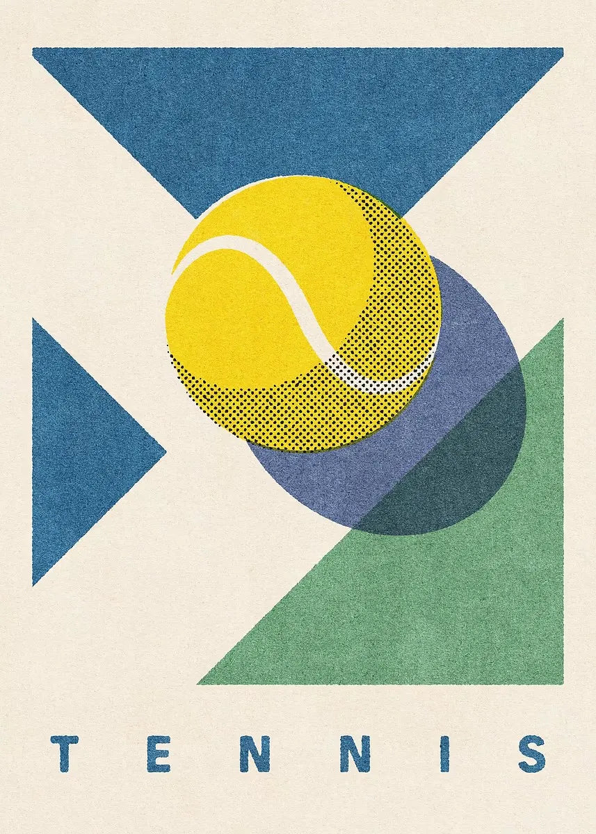 Geometric design with a tennis ball and the word 'TENNIS' on a beige background